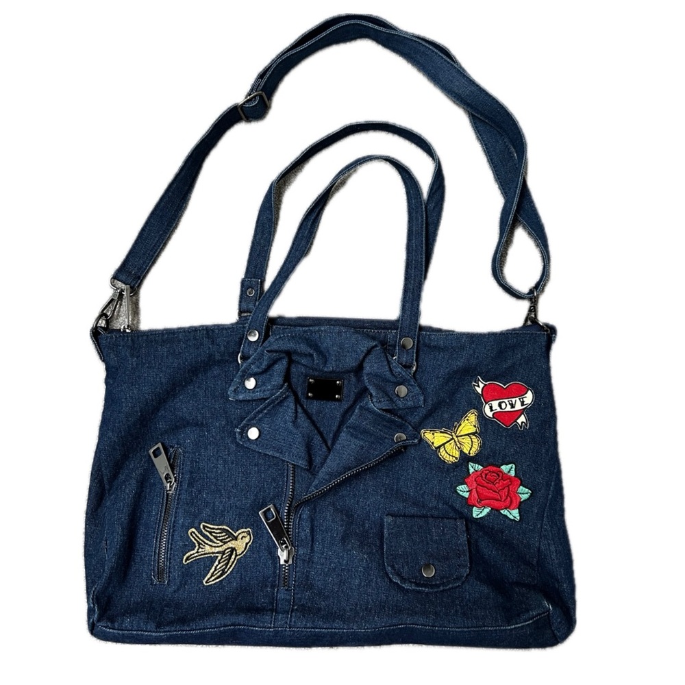 Stylish Denim Shoulder Bag with Embroidered Patches